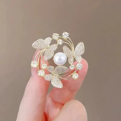 Butterfly Rhinestone Faux Pearl Brooch